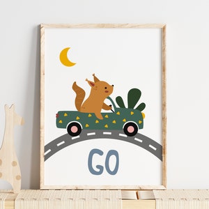Squirrel Nursery Poster, Woodland Animal Decor, Woodland Nursery Prints, Baby Squirrel Prints, Squirrel Transport Poster, Instant Download