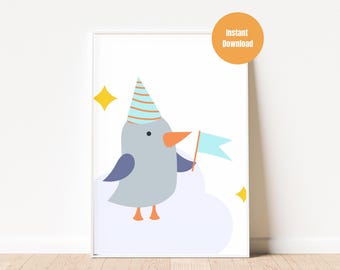 Cute Blue Bird, Blue Bird Art Print, Abstract Bird Print, Blue Wall Art Print, Bird Poster, Cute Bird Wall Art, Nursery Blue Print