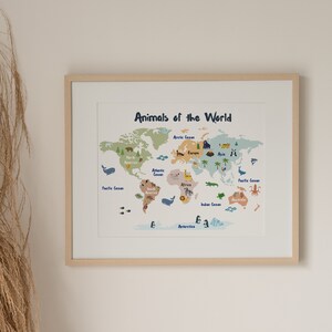 Animals World Map, Nursery Map, Safari Animals, Educational Poster, Nursery Wall Decor, Map Decor Print