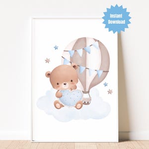 Teddy Bear & Hot Air Balloon - Blue Nursery Wall Art - Baby Boy Room Decor - Digital Download