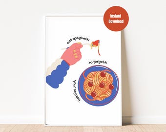 Pasta schilderij kunst aan de muur, spaghetti print voor keuken, pasta poster print, eetkamer decor, eten digitale print