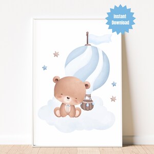 Blue Hot Air Balloon & Teddy Bear Wall Art – Baby Boy Nursery Print – Digital Download