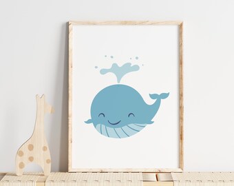 Blauwe vinvis afdrukbaar, oceaan kwekerij decor, onderwater poster, schattige walvis print, walvis kwekerij decor, Toodler kamer kunst
