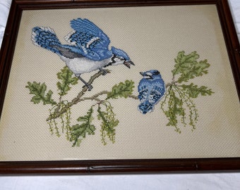 Vintage Blue Jay Framed Cross Stitch Crewel Needlework Picture