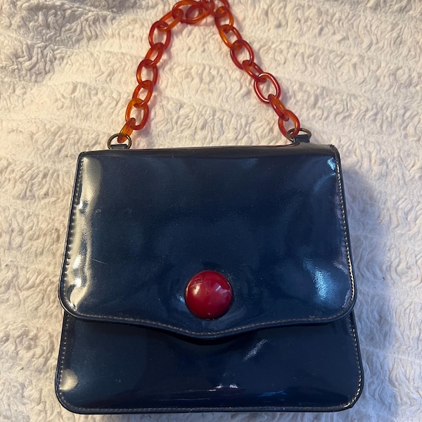 Vtg Navy Patent Leather Purse