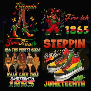 Puede incluir: Un diseño gráfico colorido con el texto "Steppin' Into Juneteenth 1865" e imágenes de personas, zapatos y mariposas. El diseño presenta los colores rojo, amarillo, verde y negro.
