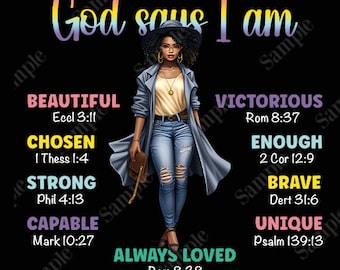 Chibi style clipart, black woman clipart, God says I am png