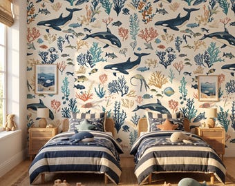 Orca Whale Wallpaper, Peel and Stick Ocean Wildlife Mural, Coral and Navy Sea Life Pattern