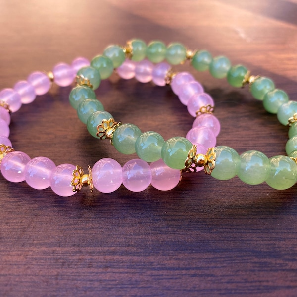 Glass Beaded Bracelet | Green or Pink Glass Beaded Bracelet | 8mm Glass Bracelet