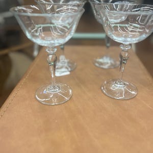 Vintage Coupe Glasses-Set of 4 Elegant Clear Etched Crystal Cocktail Stems/ Art Deco Inspired Barware