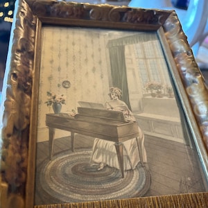 Antique Ornate Mirror With Inset Lithograph-Lincoln Fine Arts Shop-Gilded Frame Wall Decor-Late 1800s Victorian Beveled Mirror Art