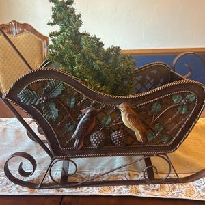 Vintage Metal Holiday Sleigh with Birds, Holly & Berries – Christmas Tabletop Decor