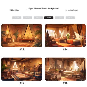 Puede incluir: Cuatro ilustraciones digitales de una habitaci&oacute;n con tem&aacute;tica egipcia con una cama, muebles y elementos decorativos. La habitaci&oacute;n est&aacute; decorada con colores c&aacute;lidos y luz natural. Las ilustraciones est&aacute;n numeradas del 13 al 16.