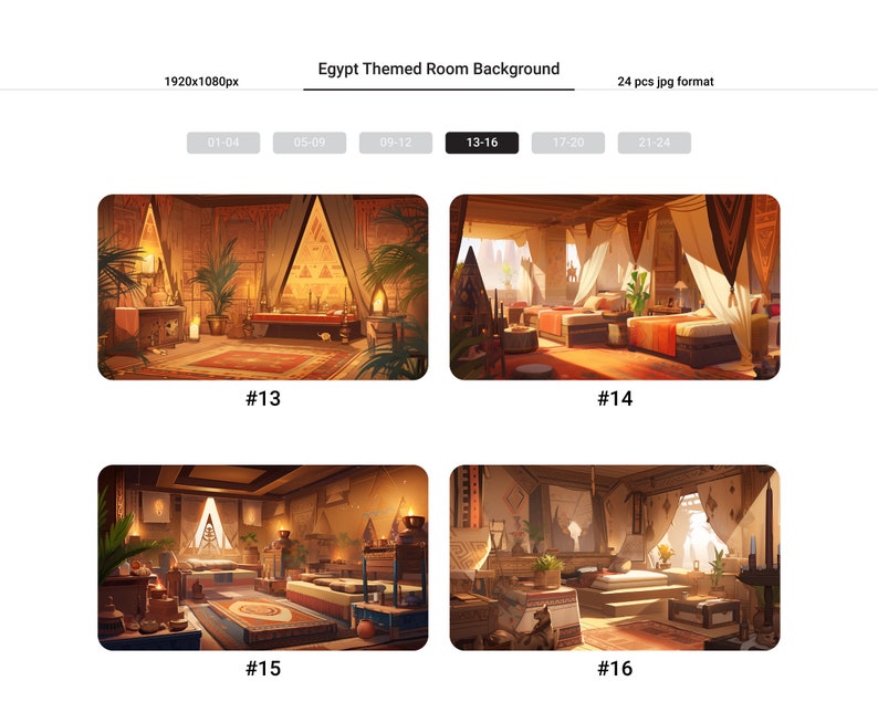 Puede incluir: Cuatro ilustraciones digitales de una habitaci&oacute;n con tem&aacute;tica egipcia con una cama, muebles y elementos decorativos. La habitaci&oacute;n est&aacute; decorada con colores c&aacute;lidos y luz natural. Las ilustraciones est&aacute;n numeradas del 13 al 16.