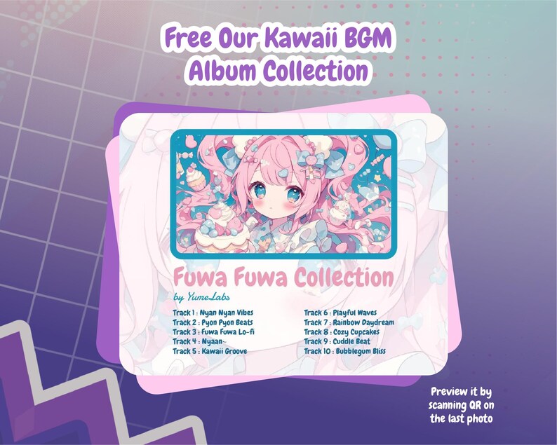 Pode incluir: Uma ilustra&ccedil;&atilde;o rosa e azul de uma menina com um la&ccedil;o rosa no cabelo. A imagem &eacute; cercada por uma moldura rosa e azul com o texto "Free Our Kawaii BGM Album Collection" e "Fuwa Fuwa Collection by Yume Labs". A imagem tamb&eacute;m inclui uma lista de t&iacute;tulos de m&uacute;sicas, como "Nyan Nyan Vibes", "Pyon Pyon Beats" e "Kawaii Groove".