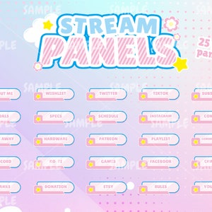 May include: A set of 25 pink and blue Twitch stream panels with a cute, cartoonish design. Each panel features a different topic, such as "About Me", "Goals", "Specs", "Schedule", "Instagram", "Contact", "Give Away", "Hardware", "Patreon", "Playlist", "Commissions", "Discord", "KO-FI", "Games", "Facebook", "Charity", "Thanks", "Donation", "Etsy", "Rules", "YouTube", "Wishlist", "Twitter", "TikTok", and "Subscribe".