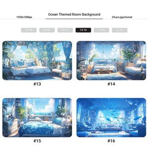 May include: Four digital illustrations of a bedroom with an ocean view. The bedroom has a bed, bedside table, and a window with a view of the sea. The first image has a blue and white bedspread. The second image has a blue bedspread with a white pillow. The third image has a blue bedspread with a white pillow and a blue and white rug. The fourth image has a blue bedspread with a white pillow and a blue and white rug. The images are labelled #13, #14, #15, and #16.