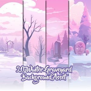 Puede incluir: Una ilustración digital de una escena de cementerio de invierno con el suelo cubierto de nieve, árboles desnudos y lápidas. El fondo es un degradado suave rosa y morado con luna llena.