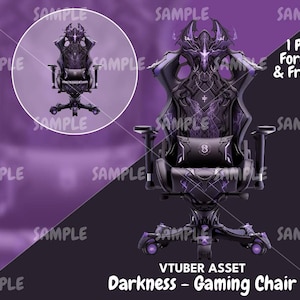 Może przedstawiać: Czarno-fioletowe krzesło gamingowe z czaszką i ozdobnym oparciem. Krzesło ma fioletową poduszkę i czarną podstawę z fioletowymi k&oacute;łkami. Pod krzesłem widnieje napis "VTUBER ASSET Darkness - Gaming Chair".