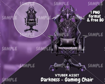 May include: A black and purple gaming chair with a skull-like design and a large, ornate backrest. The chair has a purple pillow and a black base with purple wheels. The text "VTUBER ASSET Darkness - Gaming Chair" is displayed below the chair.