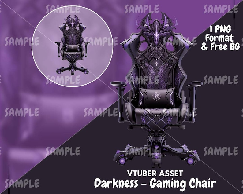 Może przedstawiać: Czarno-fioletowe krzesło gamingowe z czaszką i ozdobnym oparciem. Krzesło ma fioletową poduszkę i czarną podstawę z fioletowymi k&oacute;łkami. Pod krzesłem widnieje napis "VTUBER ASSET Darkness - Gaming Chair".