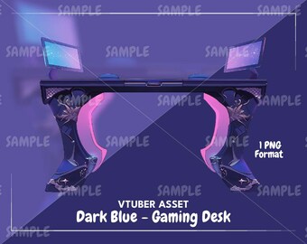 May include: Dark blue gaming desk with a pink glow and intricate details. The desk has two monitors and a keyboard. The desk is designed for a VTuber.