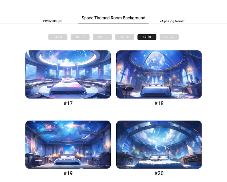 Puede incluir: Una ilustraci&oacute;n digital de un dormitorio con una cama, mesitas de noche y una ventana grande. El techo es un cielo nocturno estrellado con una gran luna y planetas. La habitaci&oacute;n est&aacute; decorada con un tema espacial.