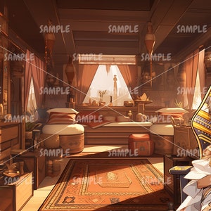 Może przedstawiać: Ilustracja starożytnego egipskiego wnętrza z osobą w złotym i białym stroju siedzącą na krześle przypominającym tron. Pok&oacute;j posiada bogato zdobione meble, wzorzysty dywan i powtarzające się słowo "SAMPLE".