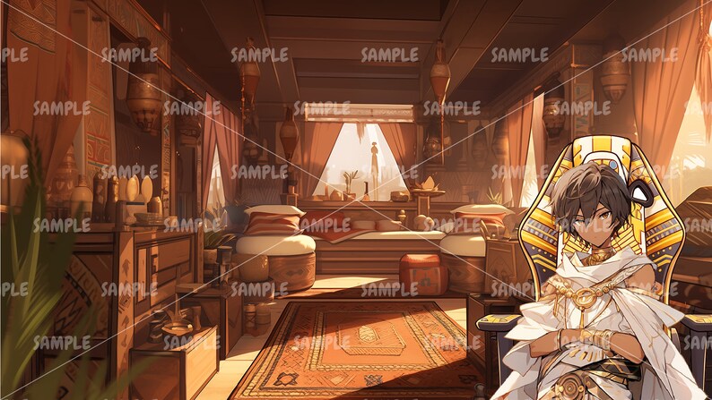 Może przedstawiać: Ilustracja starożytnego egipskiego wnętrza z osobą w złotym i białym stroju siedzącą na krześle przypominającym tron. Pok&oacute;j posiada bogato zdobione meble, wzorzysty dywan i powtarzające się słowo "SAMPLE".