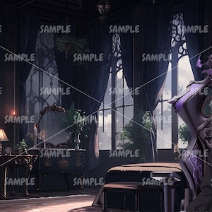 Może przedstawiać: Młoda kobieta z długimi czarnymi włosami i fioletowymi oczami siedzi na tronie o ciemnofioletowym i czarnym wzorze. Tron znajduje się w ciemnym pokoju z dużymi oknami i toaletką z lustrem.