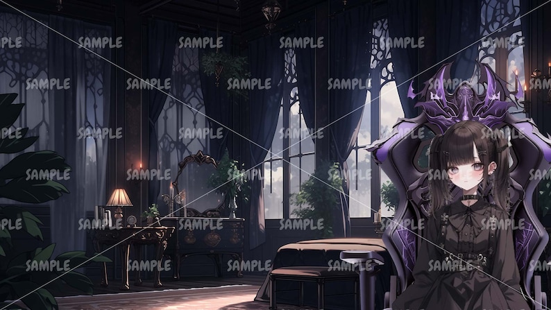 Może przedstawiać: Młoda kobieta z długimi czarnymi włosami i fioletowymi oczami siedzi na tronie o ciemnofioletowym i czarnym wzorze. Tron znajduje się w ciemnym pokoju z dużymi oknami i toaletką z lustrem.