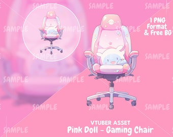Silla de juego rosa (VTuber): Muñeca kawaii y fondos adicionales (descarga PNG)