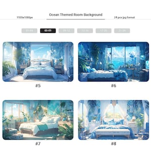May include: A digital illustration of a bedroom with an ocean view. The room is decorated in a blue and white colour scheme with a large window overlooking the ocean. The bed is made with white sheets and a blue blanket. There are plants and other decorations in the room.