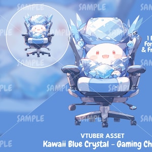 Peut inclure: Un fauteuil de jeu bleu et blanc avec un design en cristal. Le fauteuil a un coussin blanc et une base bleue. Le fauteuil est d&eacute;cor&eacute; d'un personnage de dessin anim&eacute; mignon.