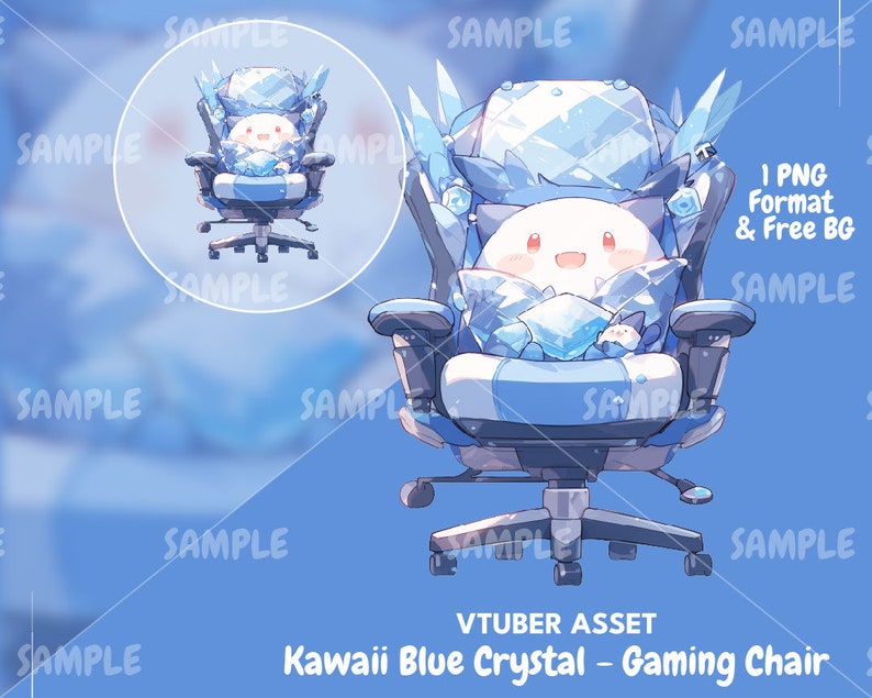 Peut inclure: Un fauteuil de jeu bleu et blanc avec un design en cristal. Le fauteuil a un coussin blanc et une base bleue. Le fauteuil est d&eacute;cor&eacute; d'un personnage de dessin anim&eacute; mignon.