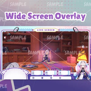 Pode incluir: Uma sobreposi&ccedil;&atilde;o de tela larga para streaming ao vivo de cor roxa e azul com o texto "Live Screen" em uma caixa branca. A sobreposi&ccedil;&atilde;o apresenta uma estante com livros, uma l&acirc;mpada e um personagem de um videogame.