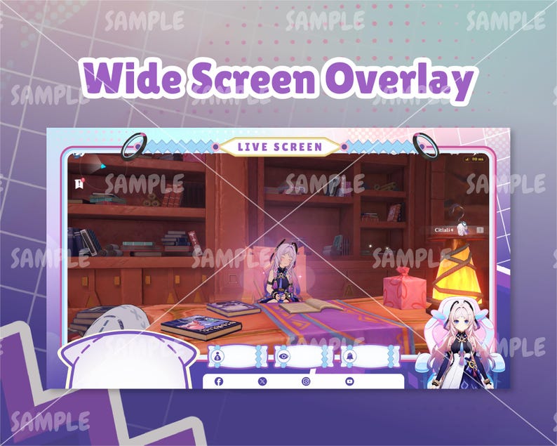 Pode incluir: Uma sobreposi&ccedil;&atilde;o de tela larga para streaming ao vivo de cor roxa e azul com o texto "Live Screen" em uma caixa branca. A sobreposi&ccedil;&atilde;o apresenta uma estante com livros, uma l&acirc;mpada e um personagem de um videogame.