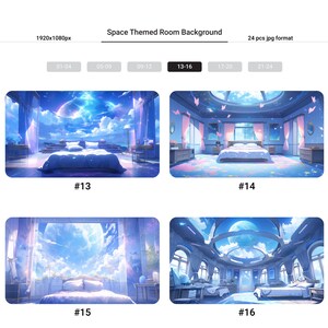 Puede incluir: Una ilustraci&oacute;n digital de un dormitorio con una gran ventana que da a un cielo azul con nubes y una gran luna. El dormitorio tiene una cama con ropa de cama blanca, una alfombra rosa y un techo azul con una ventana circular. La habitaci&oacute;n est&aacute; decorada con estrellas y mariposas.