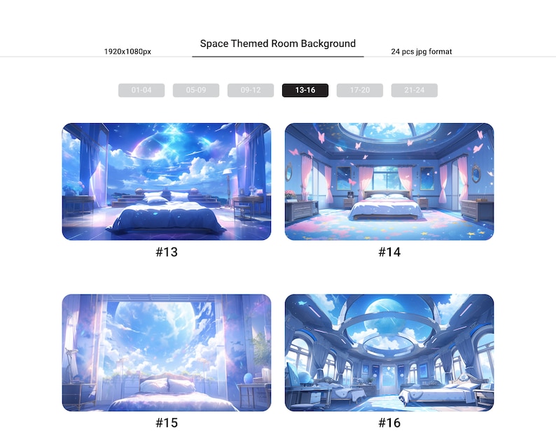 Puede incluir: Una ilustraci&oacute;n digital de un dormitorio con una gran ventana que da a un cielo azul con nubes y una gran luna. El dormitorio tiene una cama con ropa de cama blanca, una alfombra rosa y un techo azul con una ventana circular. La habitaci&oacute;n est&aacute; decorada con estrellas y mariposas.