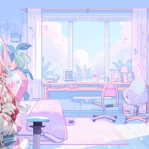 K&ouml;nnte beinhalten: Anime-Illustration eines Zimmers in Pastellfarben. Eine junge Person mit rosa Haaren und einer wei&szlig;en Jacke steht vor einem Schreibtisch und einem Stuhl. Das Zimmer hat ein gro&szlig;es Fenster, einen Schreibtisch, ein Bett und andere M&ouml;bel.