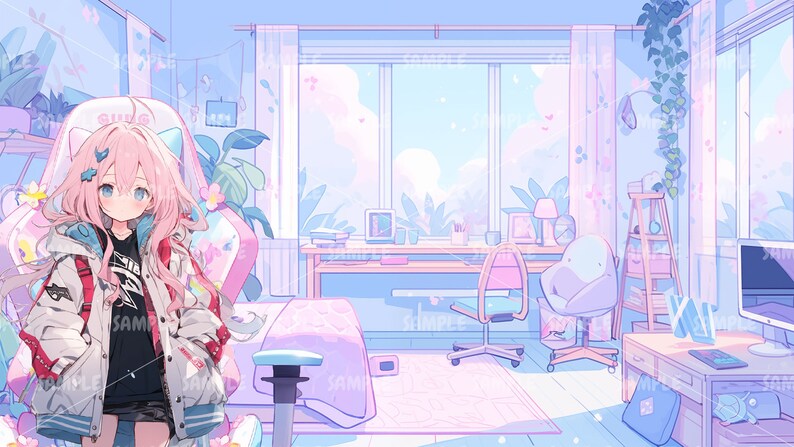 K&ouml;nnte beinhalten: Anime-Illustration eines Zimmers in Pastellfarben. Eine junge Person mit rosa Haaren und einer wei&szlig;en Jacke steht vor einem Schreibtisch und einem Stuhl. Das Zimmer hat ein gro&szlig;es Fenster, einen Schreibtisch, ein Bett und andere M&ouml;bel.