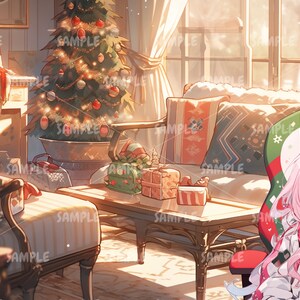 Może przedstawiać: Przytulny salon ozdobiony na Boże Narodzenie z ozdobioną choinką, kanapą z poduszkami, stolikiem kawowym z zapakowanymi prezentami i osobą siedzącą na czerwono-zielonym krześle z czapką Świętego Mikołaja.