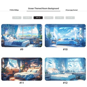 May include: Four digital illustrations of a bedroom with a large window overlooking an ocean scene. The bedroom features a bed with blue bedding, a desk, and a chair. The ocean scene includes blue water, white clouds, and a few dolphins jumping out of the water.