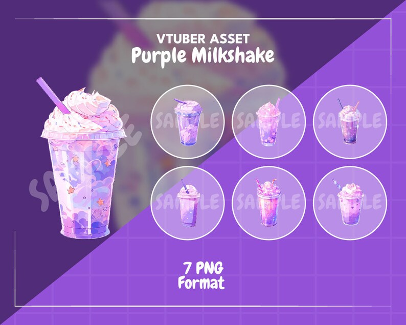 May include: Purple milkshake with whipped cream and sprinkles in a clear cup with a straw. The image includes 7 variations of the milkshake in different poses. Vtuber Asset Purple Milkshake 7 PNG Format