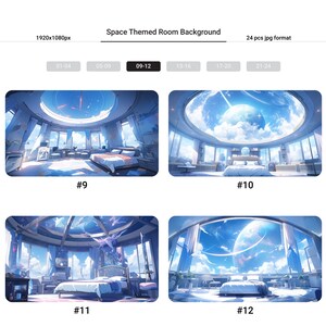 Puede incluir: Cuatro ilustraciones digitales de un dormitorio con una gran ventana que da a un cielo con tem&aacute;tica espacial con planetas y estrellas. El dormitorio tiene una cama, una mesita de noche y una silla. Las ilustraciones est&aacute;n numeradas del 9 al 12.