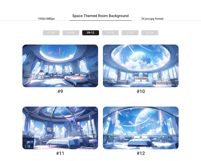 Puede incluir: Cuatro ilustraciones digitales de un dormitorio con una gran ventana que da a un cielo con tem&aacute;tica espacial con planetas y estrellas. El dormitorio tiene una cama, una mesita de noche y una silla. Las ilustraciones est&aacute;n numeradas del 9 al 12.