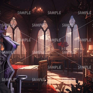 Może przedstawiać: Młoda kobieta z czarnymi włosami i fioletowymi oczami siedzi na czarno-fioletowym fotelu gamingowym o gotyckim designie. Fotel ma duży, ozdobny zagł&oacute;wek i podłokietniki. Kobieta ma na sobie czarną sukienkę z białym kołnierzykiem i czarną ozdobną wstążkę. Ma r&oacute;wnież czarne rajstopy i czarne buty. Tło to ciemny, gotycki pok&oacute;j z dużymi oknami i ł&oacute;żkiem w tle.