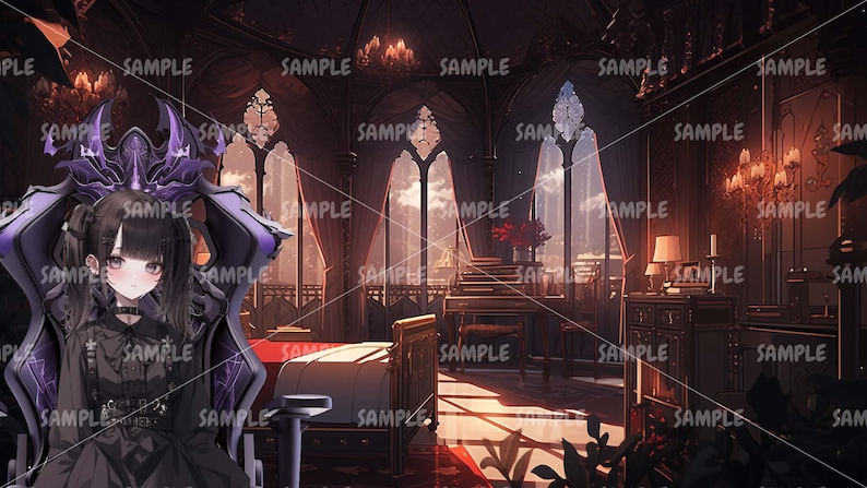 Może przedstawiać: Młoda kobieta z czarnymi włosami i fioletowymi oczami siedzi na czarno-fioletowym fotelu gamingowym o gotyckim designie. Fotel ma duży, ozdobny zagł&oacute;wek i podłokietniki. Kobieta ma na sobie czarną sukienkę z białym kołnierzykiem i czarną ozdobną wstążkę. Ma r&oacute;wnież czarne rajstopy i czarne buty. Tło to ciemny, gotycki pok&oacute;j z dużymi oknami i ł&oacute;żkiem w tle.