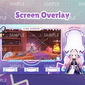 Pode incluir: Overlay de stream Twitch roxo e azul com uma tela ao vivo, chat ao vivo e alertas de doa&ccedil;&atilde;o. O overlay apresenta um personagem de desenho animado com cabelo rosa e um vestido branco.