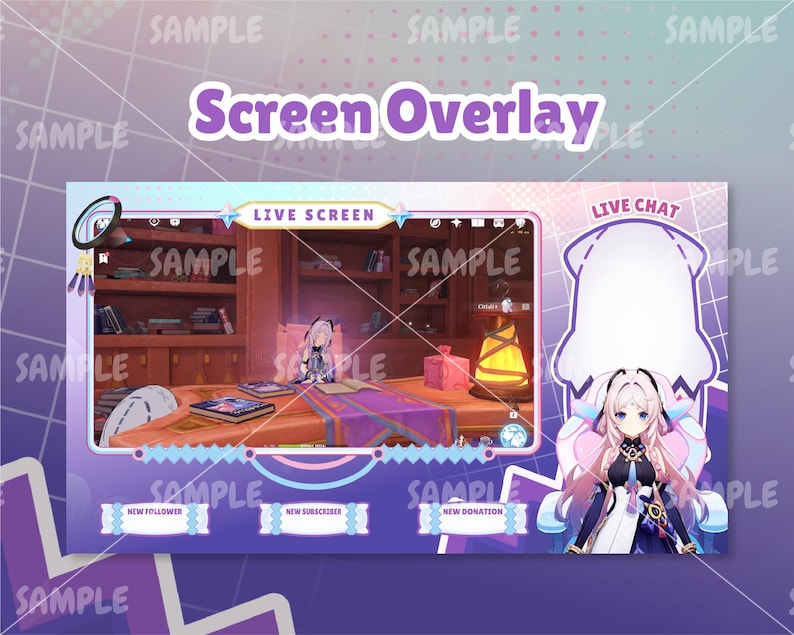 Pode incluir: Overlay de stream Twitch roxo e azul com uma tela ao vivo, chat ao vivo e alertas de doa&ccedil;&atilde;o. O overlay apresenta um personagem de desenho animado com cabelo rosa e um vestido branco.